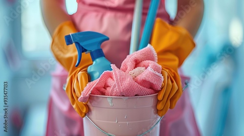 A close-up of a pink-aproned cleaning lady's hands holding a bucket filled with cleaning tools, set against a softly blurred background. emphasizes preparation. Generative AI. photo