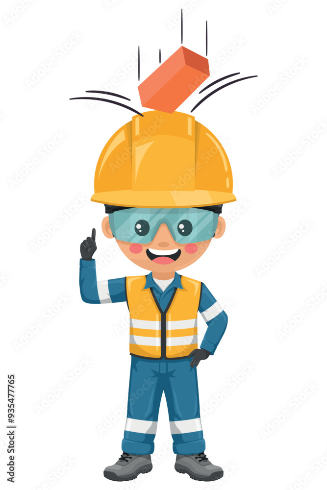 Importance of the safety helmet as a measure of protection of the head against the fall of an object. Engineer hit in the head with a brick. Industrial safety and occupational health at work Importance of the safety helmet as a measure of protection of the head against the fall of an object. Engineer hit in the head with a brick. Industrial safety and occupational health at work