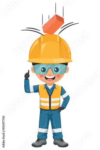 Importance of the safety helmet as a measure of protection of the head against the fall of an object. Engineer hit in the head with a brick. Industrial safety and occupational health at work