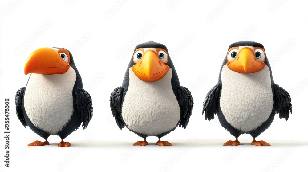 Fototapeta premium Three Cute Cartoon Toucans with Big Beaks