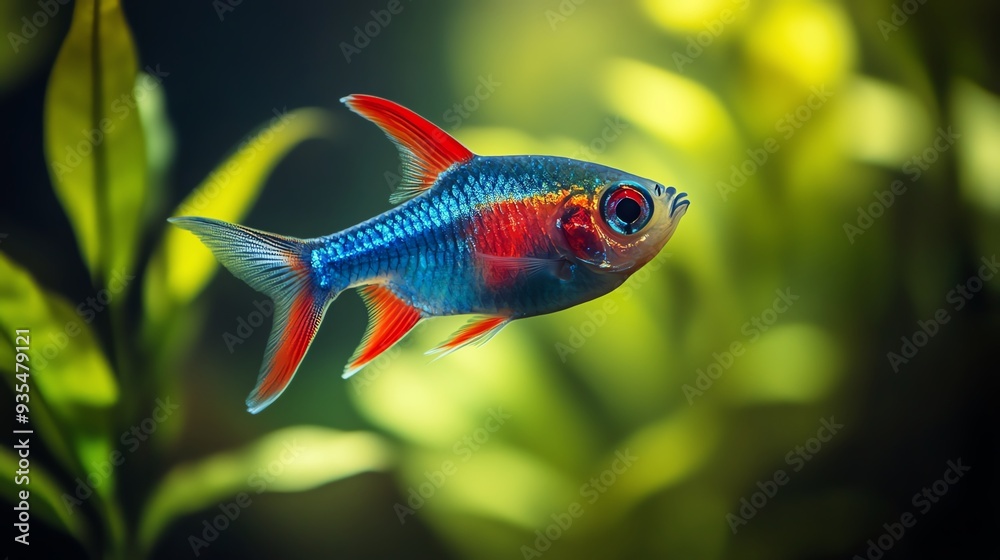 Obraz premium Cardinal tetra creating a striking contrast with their vivid red and blue against green plants