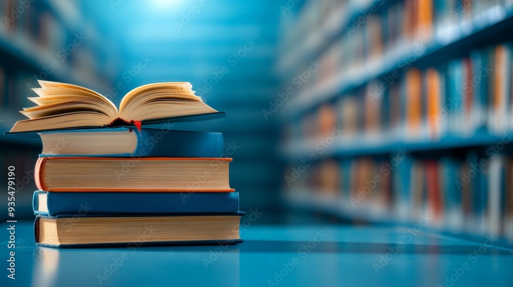 Open Book on Stack of Books in Library Open Book on Stack of Books in Library