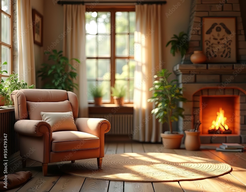 Obraz premium Warm and inviting home interior with a rustic wooden floor, a cozy fireplace, and a comfortable armchair in the foreground.