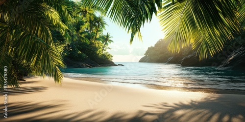 Palm trees frame a tropical beach.