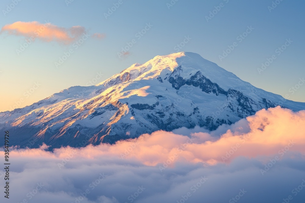 Beautiful snow capped mountain with sea of clouds during sunrise 