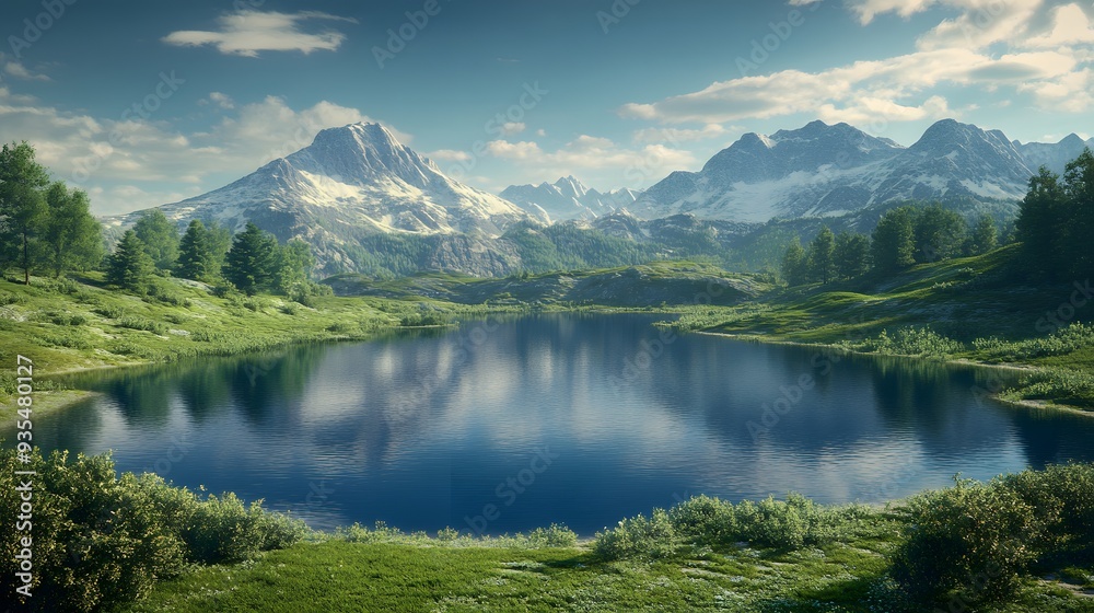 98. Stunning 3D visualization of a tranquil mountain lake with surrounded greenery and distant peaks, isolated on a smooth background 98. Stunning 3D visualization of a tranquil mountain lake with surrounded greenery and distant peaks, isolated on a smooth background