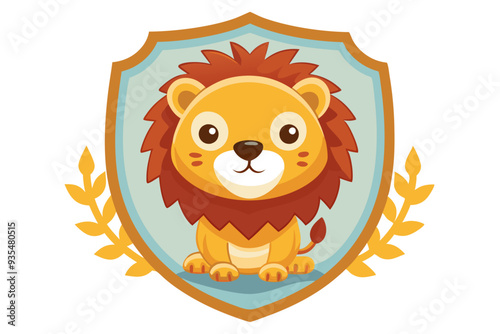 Cartoon Lion in a Golden Shield with Floral Accents