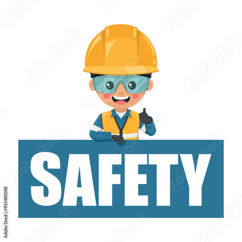 Industrial Safety Engineer with safety letters sign. Engineer with his PPE with reflective safety vest, blue coverall, helmet, safety glasses and gloves. Industrial safety and occupational health