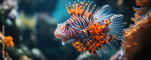 Lionfish displaying its dangerous beauty with striking spines in a dark underwater scene, Lionfish, dangerous elegance