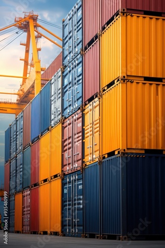 Colorful shipping containers stacked at a cargo yard, showcasing modern logistics and transportation industry.