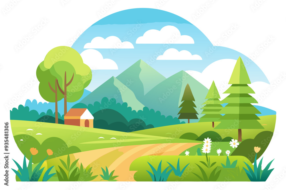 Obraz premium Scenic Landscape with a Winding Road, a Small House, and Lush Greenery