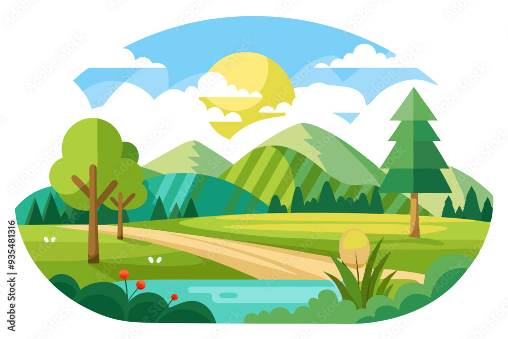 Obraz premium A picturesque landscape with mountains, trees, a river, and a bright sun.