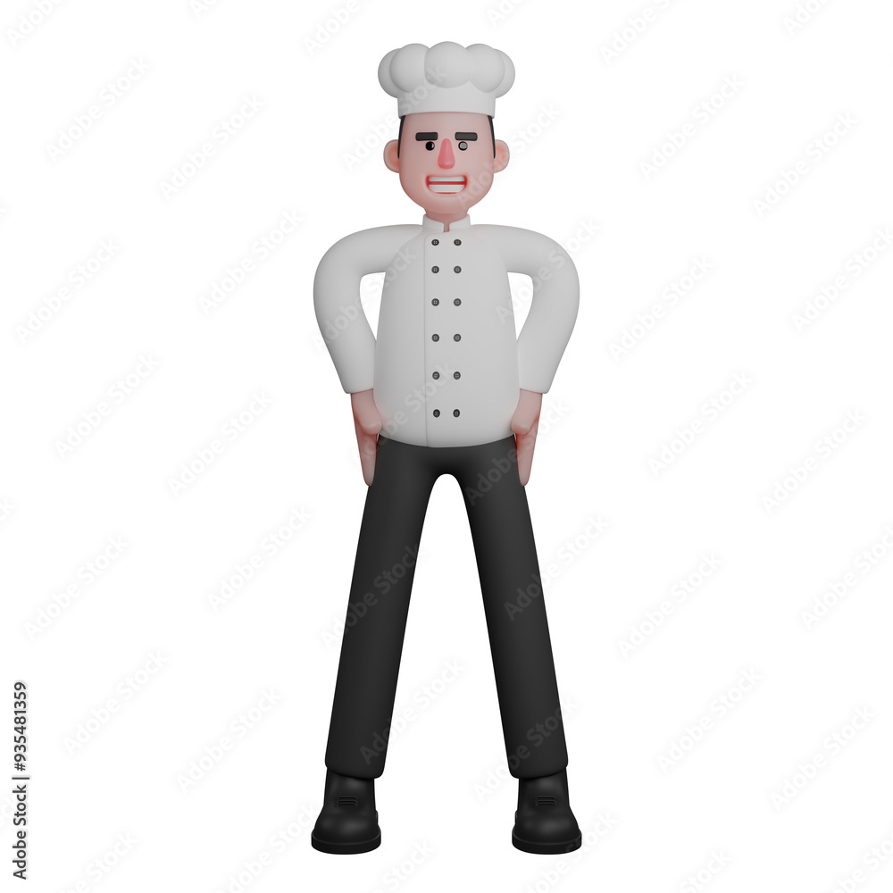 Culinary 3D Illustration. A chef stands with his hands on his hips, displaying a confident and assertive posture. Professional Male Chef Culinary 3D Illustration. A chef stands with his hands on his hips, displaying a confident and assertive posture. Professional Male Chef