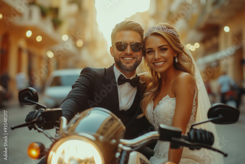 Bride And Groon On Motorcyc...