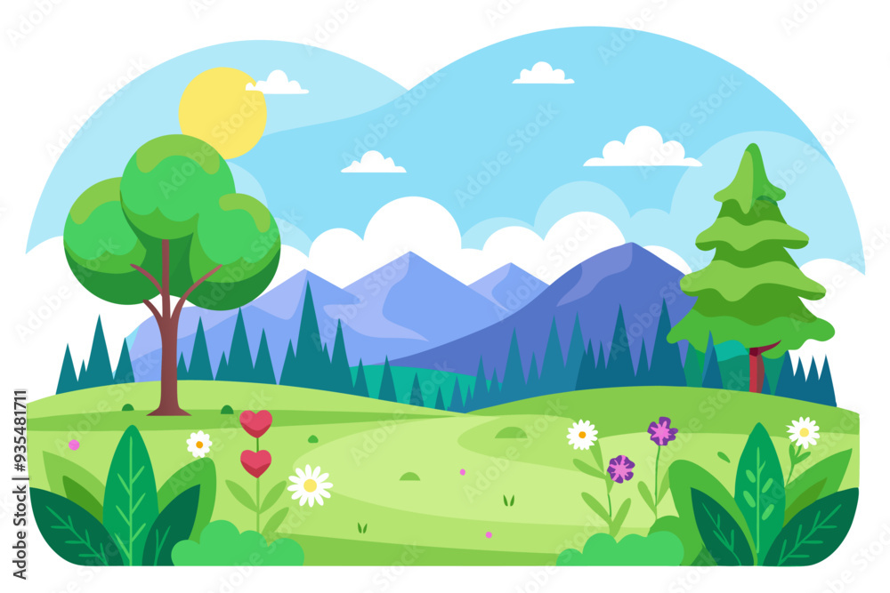 Fototapeta premium A Sunny Day in a Mountainous Forest with Blooming Flowers