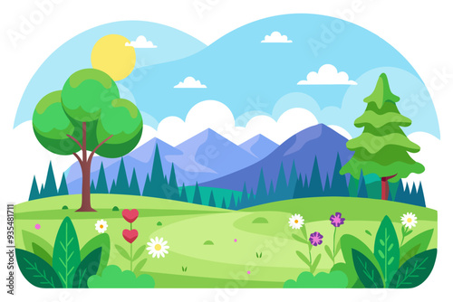 A Sunny Day in a Mountainous Forest with Blooming Flowers