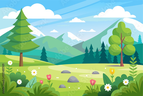 A Serene Mountain Meadow with a Single Pine Tree and Blooming Flowers