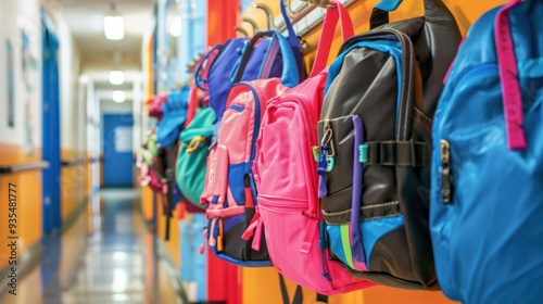 children's backpacks hanging on hooks in a school hallway, ready for the first day back to school.