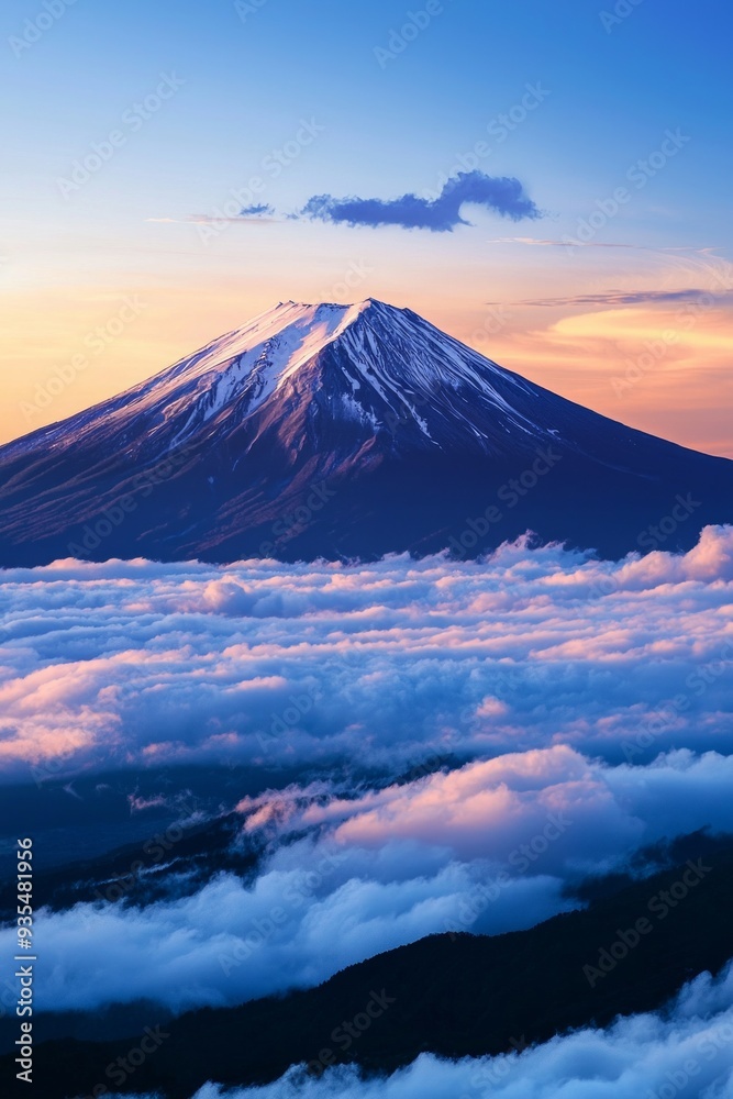 Beautiful snow capped mountain with sea of clouds during sunrise Beautiful snow capped mountain with sea of clouds during sunrise