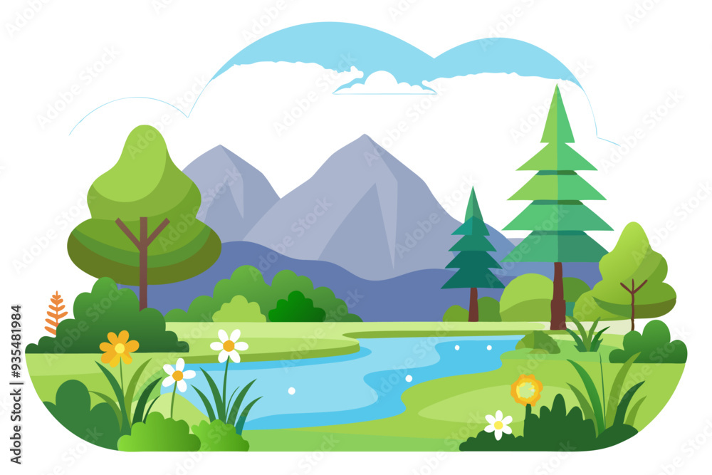 Fototapeta premium A Serene Landscape with a Winding River, Mountains, and Trees