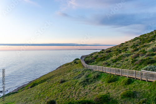 Scenic view of rolling grass hills meeting the ocean, with a charming boardwalk winding through the landscape, capturing the serene beauty of coastal nature.