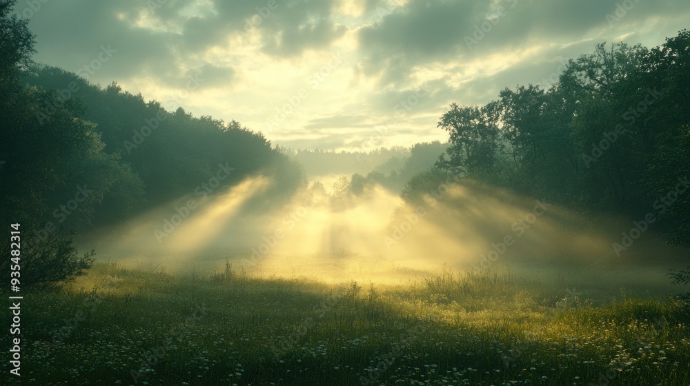 Naklejka premium Sunbeams Through Fog in a Forest Clearing