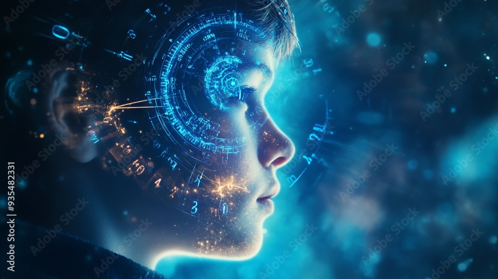 Close up of photo image of time traveler person in astral world with full numbers numerology concept 