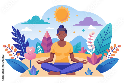 Woman meditating in nature with sun shining above her head