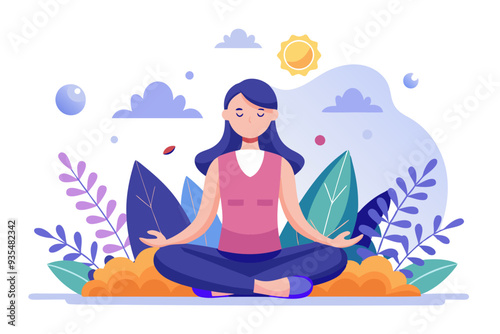 Woman meditating in a peaceful natural setting with blooming flowers, surrounded by greenery and a shining sun.