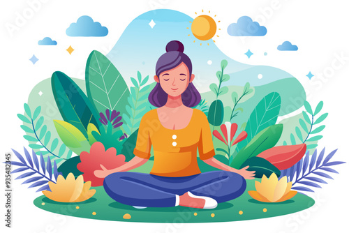 Woman Meditating in Nature with Sun and Flowers