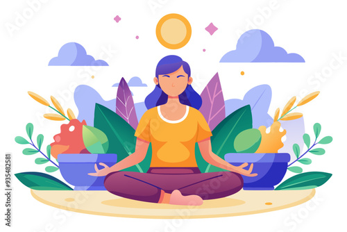 Woman meditating in lotus position surrounded by nature