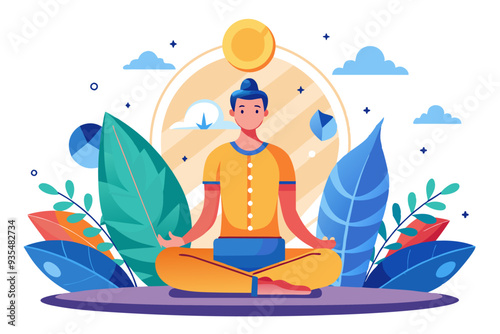Person in Meditation Pose with Sun and Leaves