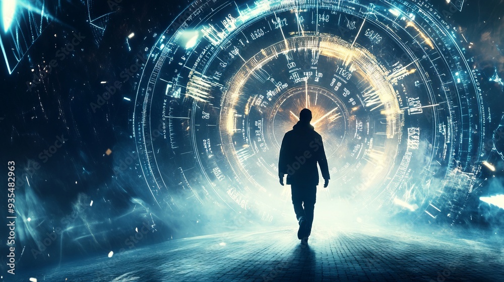 Obraz premium Close up of photo image of time traveler person in astral world with full numbers numerology concept 