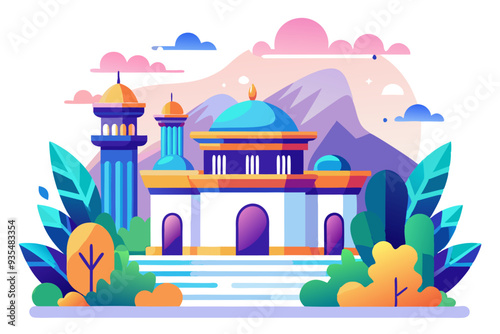 Colorful Mosque Building With Minarets And Surrounding Landscape