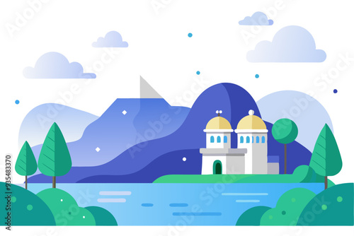 Mosque by the Lake with Mountain and Clouds