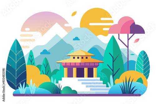 A Colorful Illustration of a Mountainous Landscape with a House and Trees