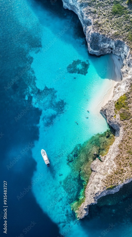 Aerial View of a Secluded Cove with a Boat. Aerial View of a Secluded Cove with a Boat.