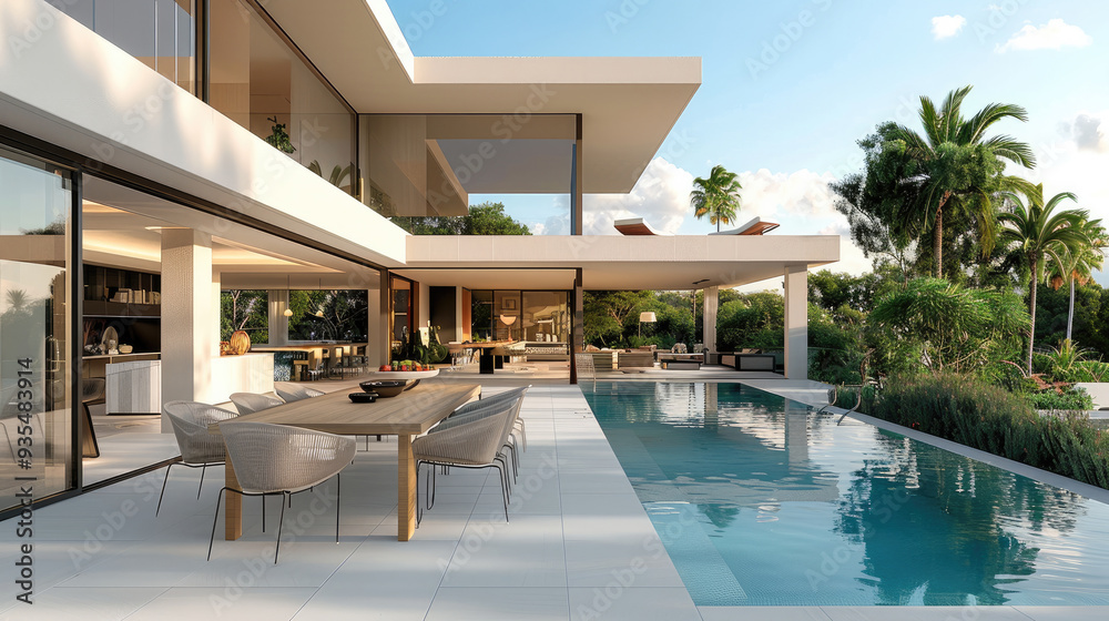 Contemporary villa with an elegant outdoor dining area and pool. Generative AI. Contemporary villa with an elegant outdoor dining area and pool. Generative AI.