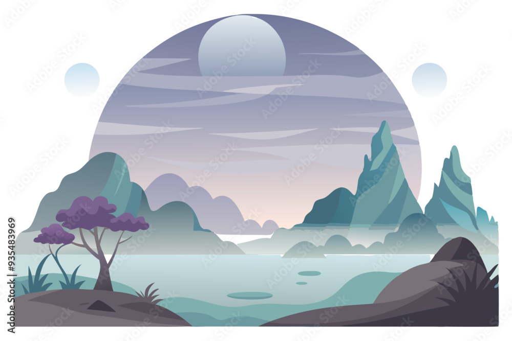 Obraz premium A Misty Mountain Lake with Two Moons and a Single Tree