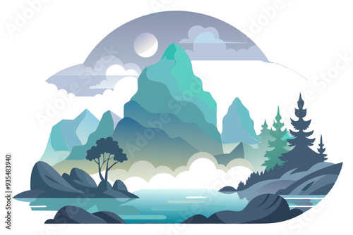 Serene Mountain Landscape with a Tranquil Lake and a Single Moon