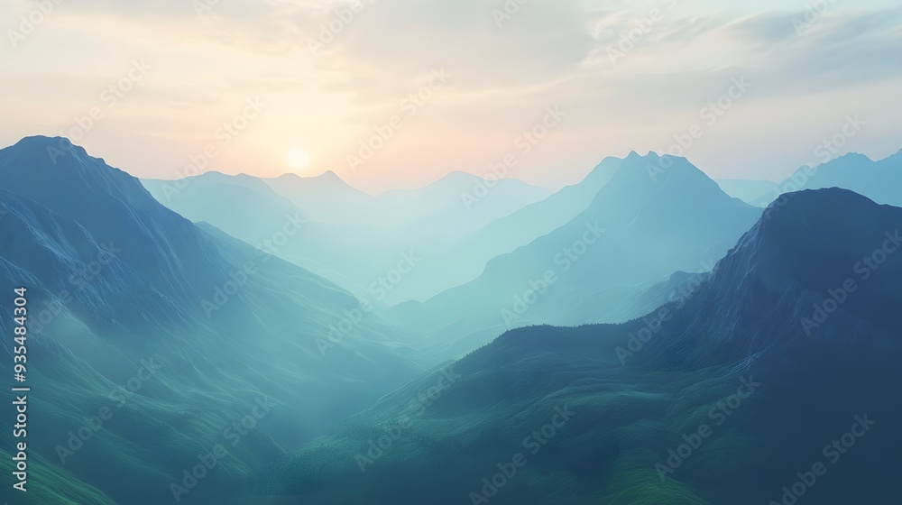 85. Detailed 3D render of a serene mountain landscape with a peaceful valley and distant peaks, set against a smooth backdrop