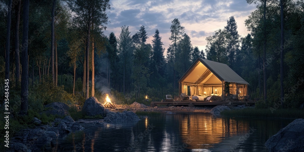 Fototapeta premium A cabin in the woods by a lake at night.