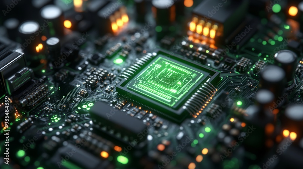 Close-up of a circuit board with illuminated components. Close-up of a circuit board with illuminated components.