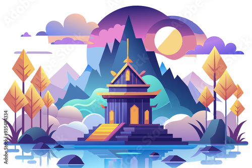A Temple nestled in a mountainous landscape with a large moon in the sky.