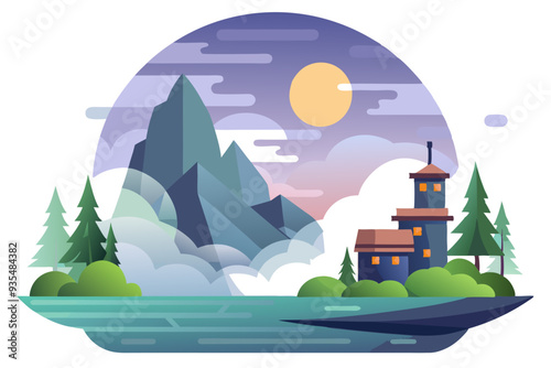 A Minimalist Illustration of a Mountainous Landscape with a House and a Lake