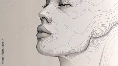 Abstract line art of a woman's face on a white background. Attractive female model portrait sketch art with monochrome filter. Minimalist and modern design concept. Design for poster, banner.