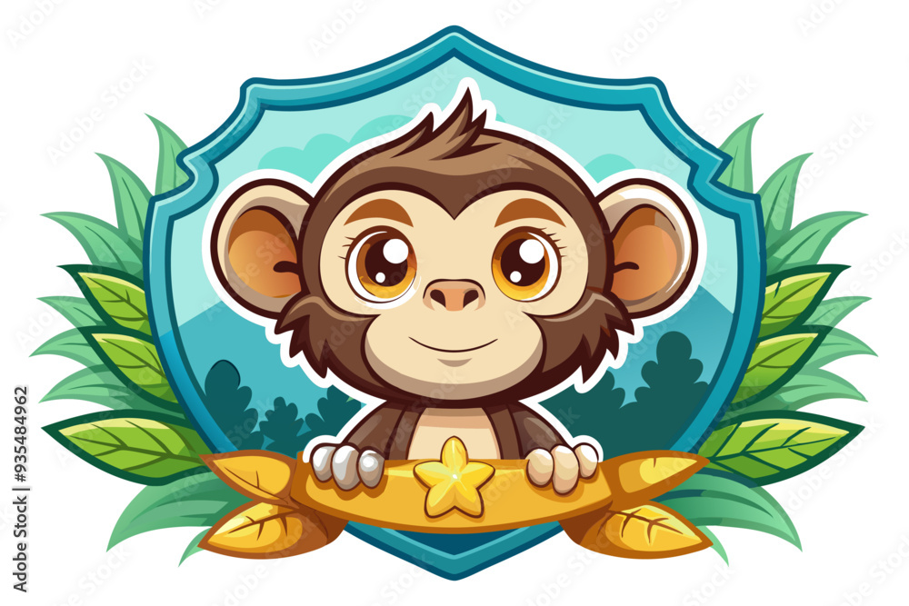 Obraz premium Cartoon Monkey Holding a Star on a Banner in a Shield