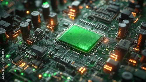 Close-up of a green microprocessor on a circuit board.