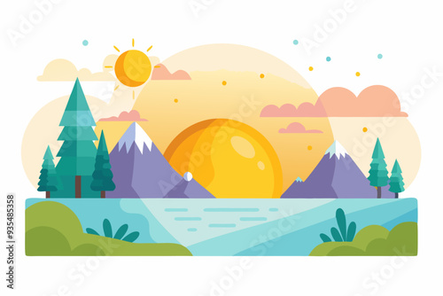 Mountainous Landscape with Sun, Lake, and Trees