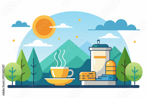 A Cup of Coffee in a Mountainous Landscape with Sun and Clouds